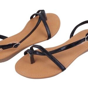 Black T-Bar Sandals with‎ Tan Sole